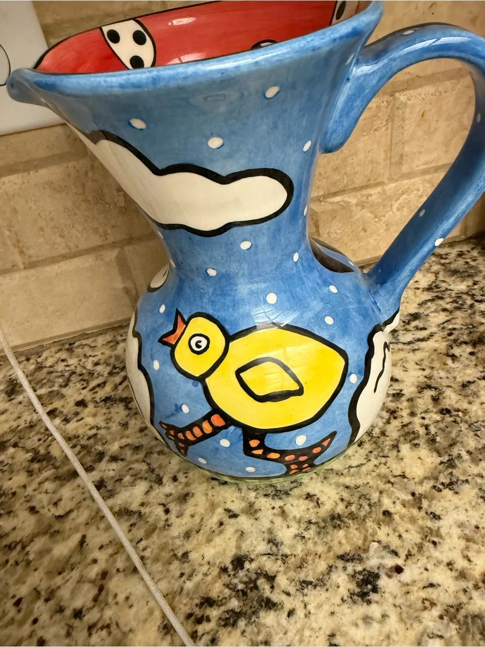 Hand-Painted Blue Ceramic Rooster Pitcher - Decorative Serveware